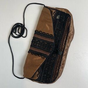 Vintage Embellished Brown Black Satin Women's Evening Bag Clutch Purse Victorian